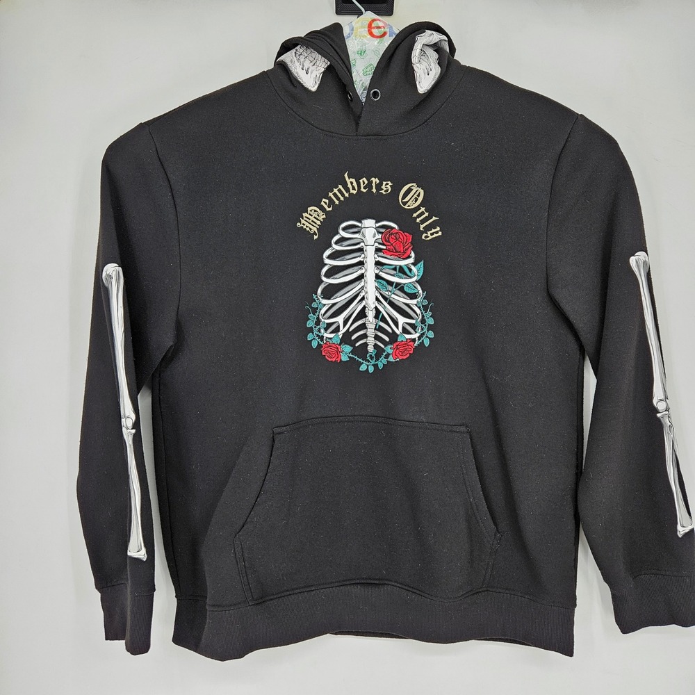 Members Only Hoodie‎ Mens 2XL Pullover Black Skeleton Roses Embroidered